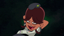 a cartoon character with a button on her hat is making a face
