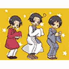 a pixel art drawing of three people standing next to each other on a yellow background .