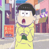 a cartoon character in a yellow hoodie is standing in front of a sign that says ' rakugen ' on it