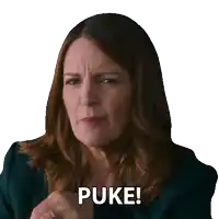 a woman with a serious look on her face and the words puke on her face