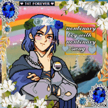 a pixel art of a nonbinary boy with nonbinary swag surrounded by flowers