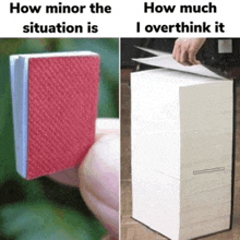 a person holding a small red book next to a stack of books