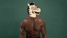 a man with a zebra head is holding two slices of pizza in his hands