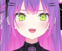 a girl with purple hair and green eyes is wearing a heart necklace