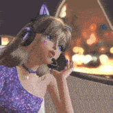 a cartoon girl wearing headphones and a microphone looks out a window