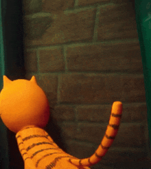 a cartoon character with a striped shirt and orange striped arms and legs