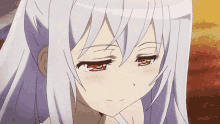 a close up of a girl 's face with gray hair and red eyes