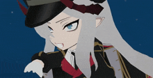 a close up of a cartoon character with white hair