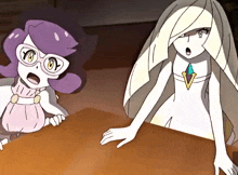 two cartoon characters are standing next to each other on a table . one of the characters is wearing glasses .