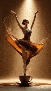 a ballerina is standing on top of a cup of coffee .
