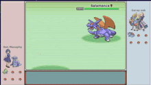a screenshot of a video game with tyranitar and salamence fighting each other