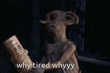 a close up of a skeleton with the words `` why tired whyyy '' written on the bottom .