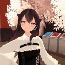 a cartoon girl with a cat ear is standing in front of a tree