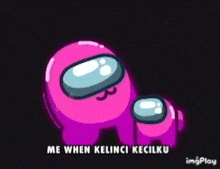 a pink among us character is standing next to a smaller pink character .