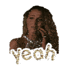 a sticker of a woman talking on a cell phone with the word yeah written in gold glitter