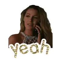 a sticker of a woman talking on a cell phone with the word yeah written in gold glitter