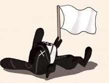 a cartoon rabbit is laying down and holding a flag