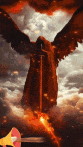 a painting of a grim reaper holding a sword with a megaphone in the foreground