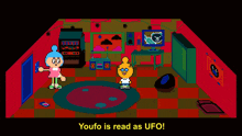 a pixel art illustration of a room with the words youfo is read as ufo