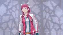 a girl with pink hair is wearing a pink and white jacket with the word supreme on it
