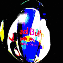 a close up of a red bull can on a black background in a pixel art style .