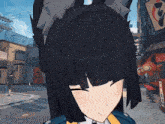 a close up of a cartoon character 's head with a sign in the background that says ' noodles '