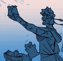 a statue of a man holding a bunch of cats