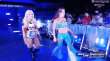 two women are walking in a wrestling ring with a smack live sign in the background