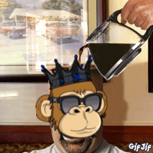 a monkey wearing sunglasses and a crown is pouring coffee into a cup