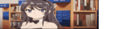a girl in a bunny costume is standing in a library .