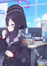a girl with purple hair is standing in front of a desk with a security sign on it