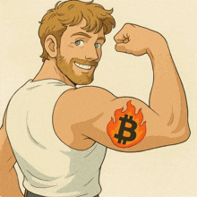 a man flexes his muscles with a burning bitcoin symbol on his arm