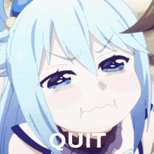 a girl with blue hair is making a funny face and the word quit is on the bottom right