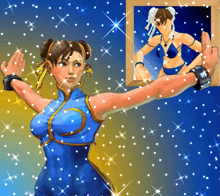 a picture of chun li is surrounded by sparkles