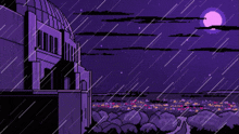 a pixel art drawing of a building in the rain with a full moon in the background