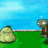 a cartoon of a pear and a zombie standing in a field