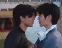 two young men are looking at each other 's faces