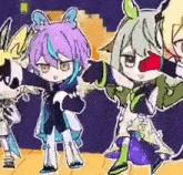 three cartoon characters are standing next to each other on a stage .
