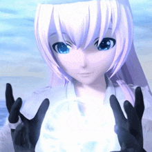 a girl with white hair and blue eyes is holding a white ball