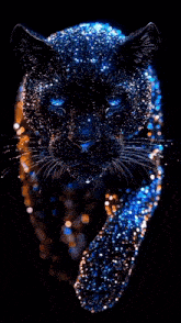 a black panther with blue eyes is surrounded by glowing lights .