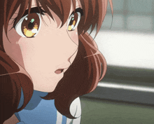 a close up of a girl 's face with brown hair and white eyes
