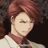 a man with red hair is wearing a suit and tie and making an angry face .