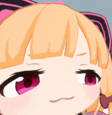 a close up of a cartoon girl 's face with a pink bow on her head