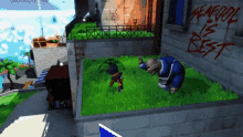 a video game scene with a sign that says ' seafood is best ' on it