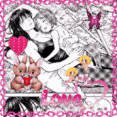 a black and white drawing of a woman holding a child with the word love written in pink