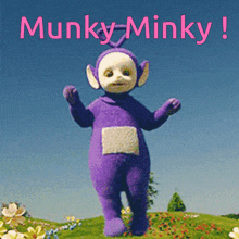 a picture of a purple teddy bear with the words munky minky below it