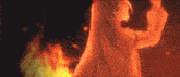 a girl with long hair is standing in front of a fire