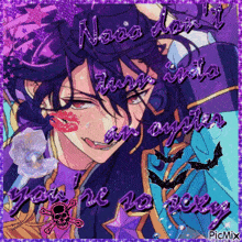 a picture of a purple haired anime character with a skull and crossbones on the bottom
