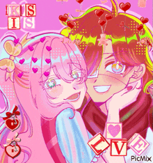 a drawing of a boy and a girl with the words kiss is love written on the bottom