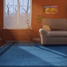 a living room with a couch and a painting on the wall that says meet quack